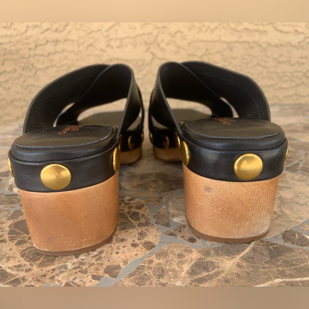 Charlotte Stone Black Leather Wooden Clog Platform Heel Sandal - Picture 11 of 12